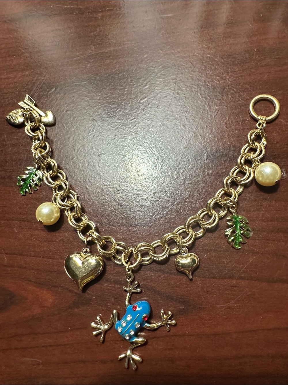 Betsey Johnson Look-Alike Bracelet with Blue Enamel Frog and Green Leaf Accents